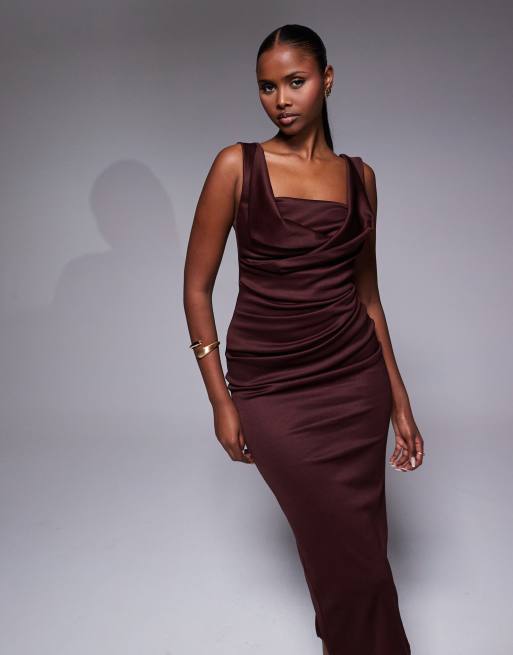 ASOS DESIGN - Midi-kokerjurk met vierkante hals en geplooide buste in chocoladebruin, 4 van 4