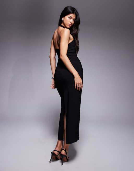 ASOS DESIGN - Midi kokerjurk van bengaline met halternek in zwart, 3 van 4