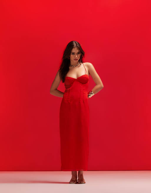 ASOS DESIGN - Midi kokerjurk van chiffon met cups met inzetstukken en uitgesneden detail in felrood
