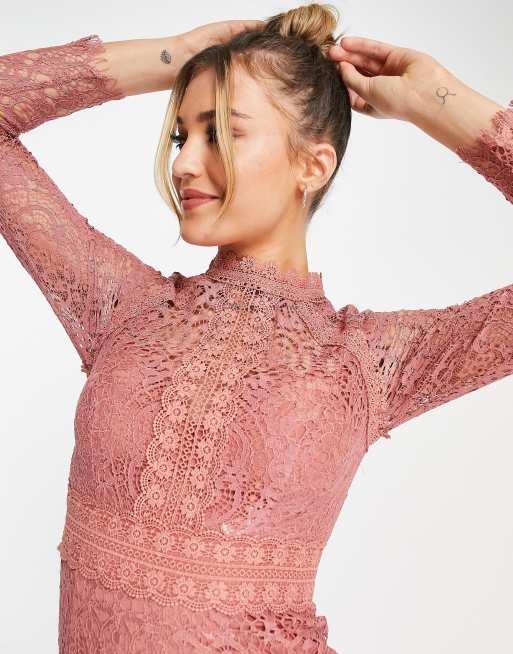 ASOS DESIGN - Midi-kokerjurk van kant met kanten afwerkingen in rozig roze, 3 van 4