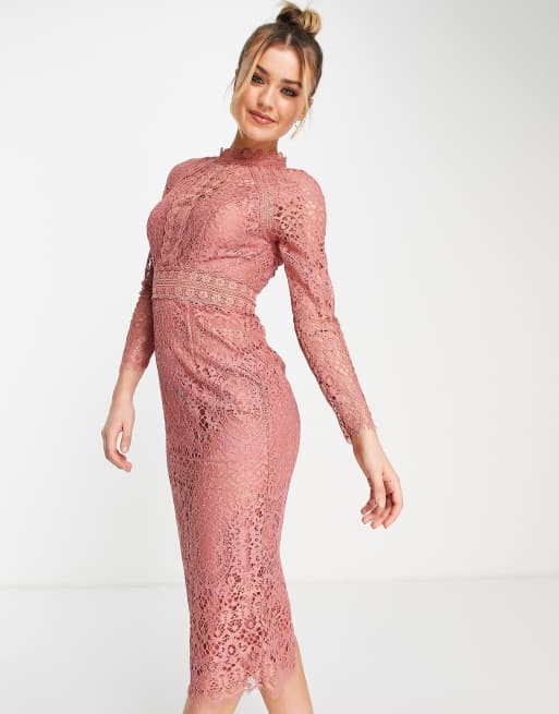 ASOS DESIGN - Midi-kokerjurk van kant met kanten afwerkingen in rozig roze, 4 van 4
