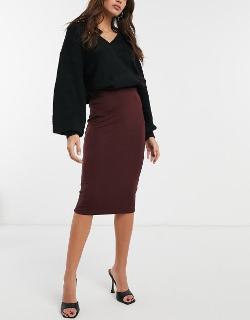 ASOS DESIGN - Midi-kokerrok van jersey in bordeauxrood