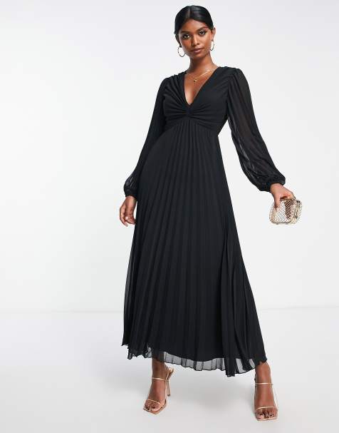 ASOS DESIGN - Midi korsetjurk met geplooid lijfje en diepuitgesneden halslijn in zwart - view 1