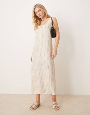 ASOS DESIGN - Midi-Leinenkleid in Natur mit U-Ausschnitt und Kringelmuster-Neutral