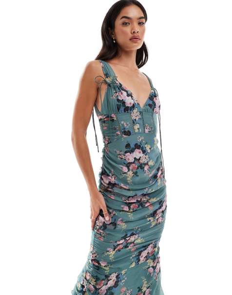 ASOS DESIGN - Midi-melkmeisjesjurk met kanten inzetstukken en gerimpelde zijkanten in bloemenprint - view 1