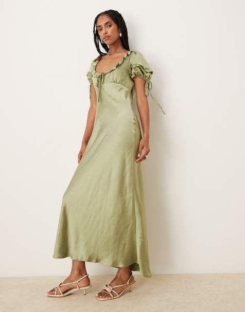 ASOS DESIGN - Midi melkmeisjesjurk met pofmouwen en strik in groen - view 1