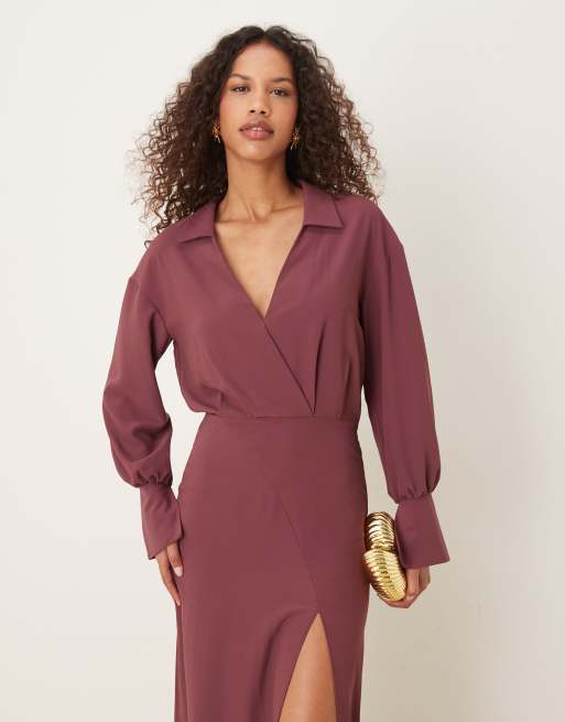 ASOS DESIGN - Midi-overhemdjurk met overslag en siernaden in donkerrood, 2 van 4