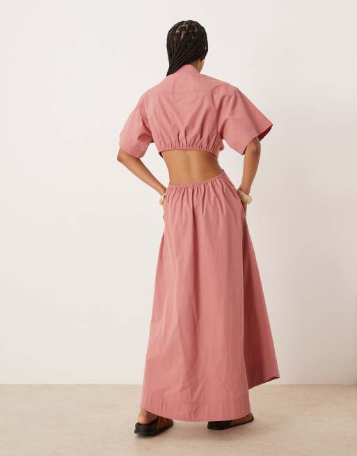 ASOS DESIGN - Midi overhemdjurk met V-hals en uitsnijdingen bij de taille in vaalroze, 2 van 4