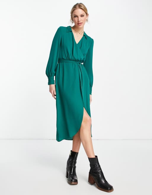 ASOS DESIGN - Midi overslagjurk met kraagje en striktaille in bosgroen, 2 van 4