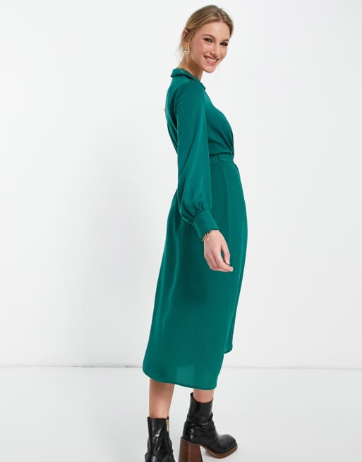 ASOS DESIGN - Midi overslagjurk met kraagje en striktaille in bosgroen, 3 van 4