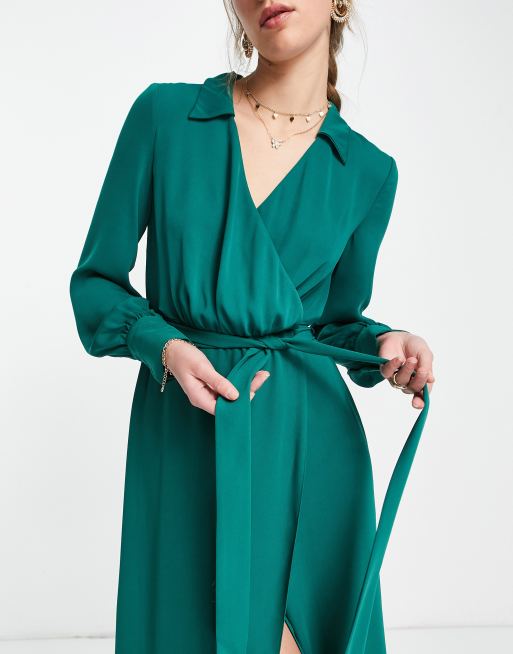 ASOS DESIGN - Midi overslagjurk met kraagje en striktaille in bosgroen, 4 van 4