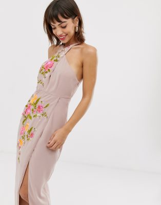 asos design floral embroidered pencil midi dress