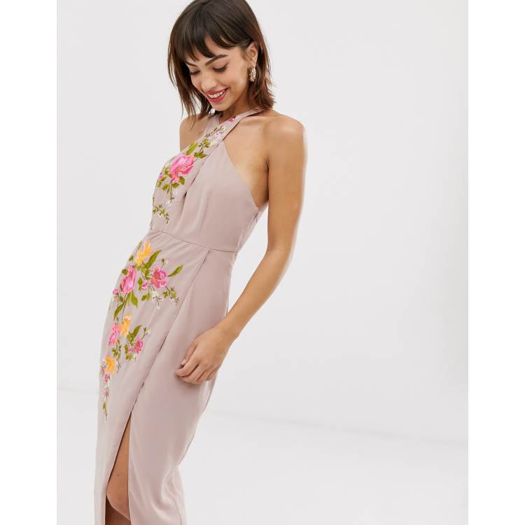 ASOS DESIGN midi pencil dress with ring detail in embroidery