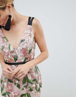 asos design midi dress with pretty floral and bird embroidery