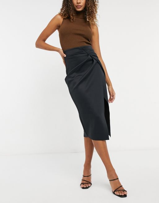 ASOS DESIGN - Midi-pencilnederdel med slå-om-detalje i sort scuba-stof, 4 af 4