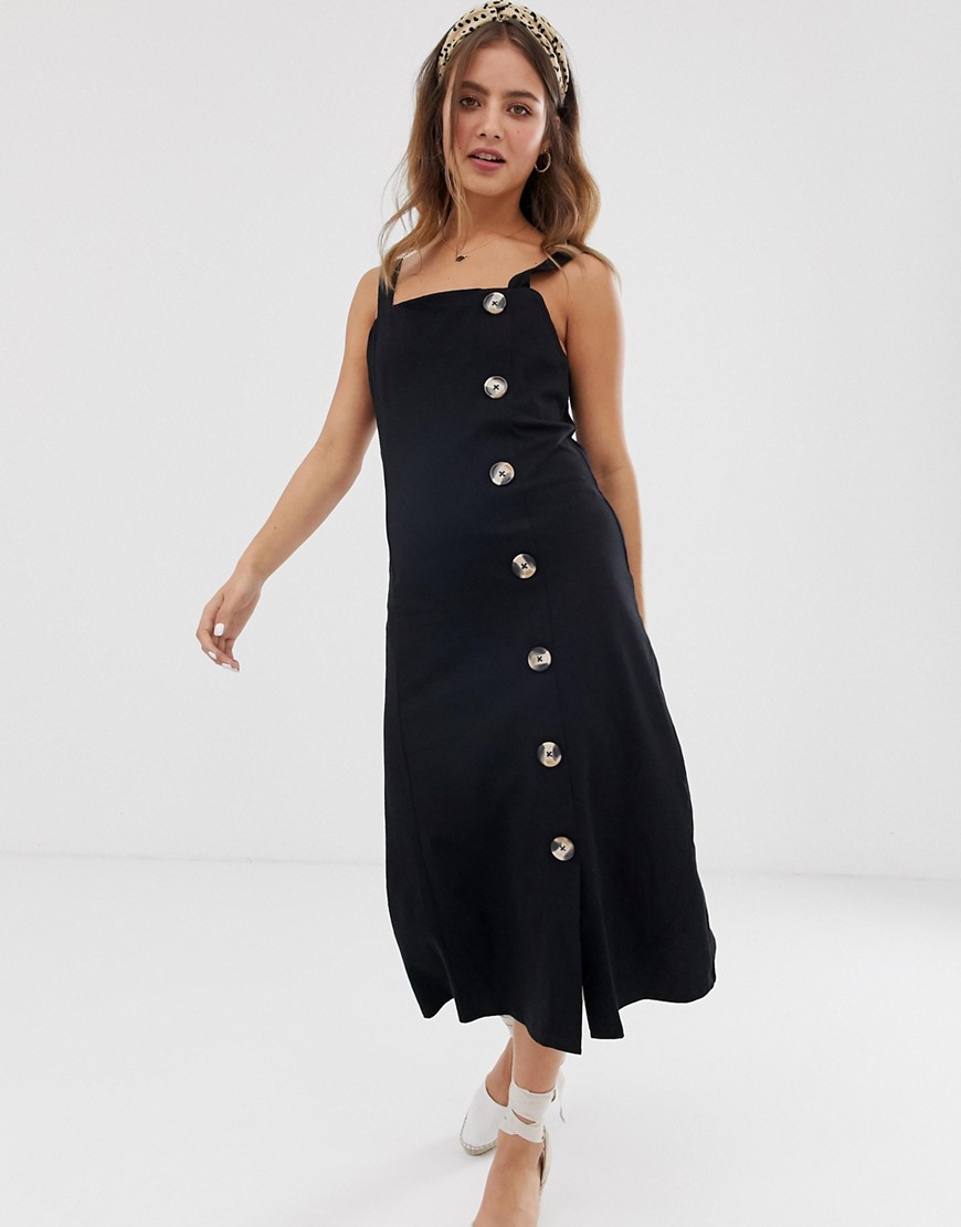 ASOS DESIGN midi pinafore dress with large button detail-Black