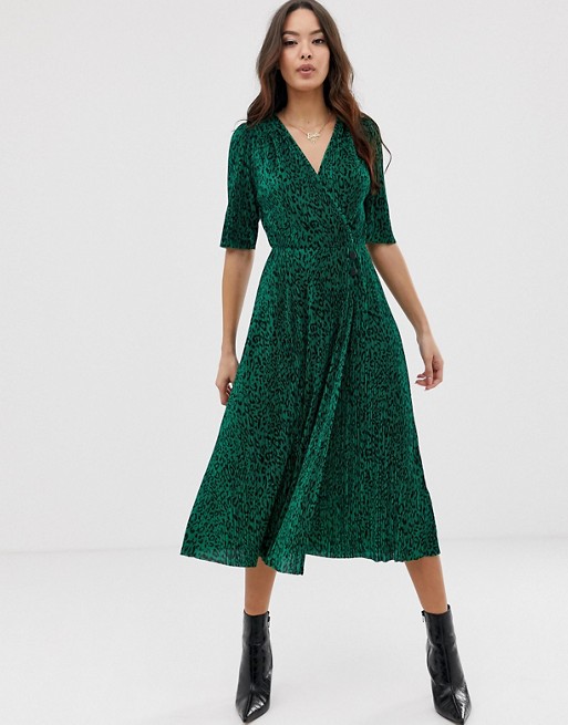ASOS DESIGN midi plisse dress in green animal print with button detail ...