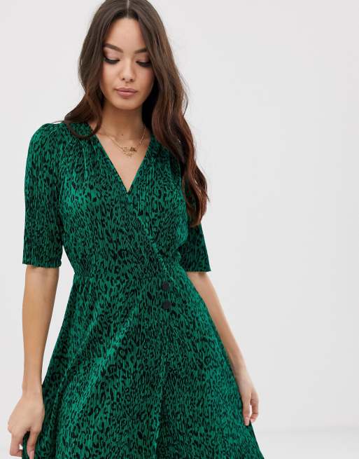 ASOS DESIGN midi plisse dress in green animal print with button detail