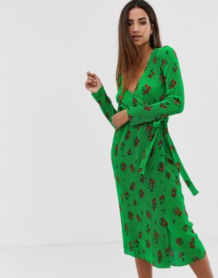 ASOS DESIGN midi plisse wrap dress in green based floral-Multi