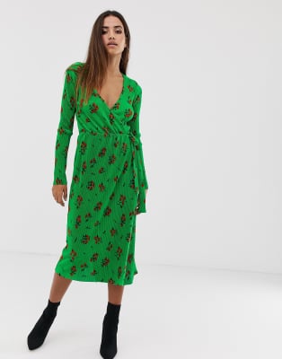 dark green tie waist plisse midi dress