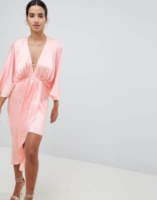 asos design kimono midi dress in satin with asymmetric sleeve