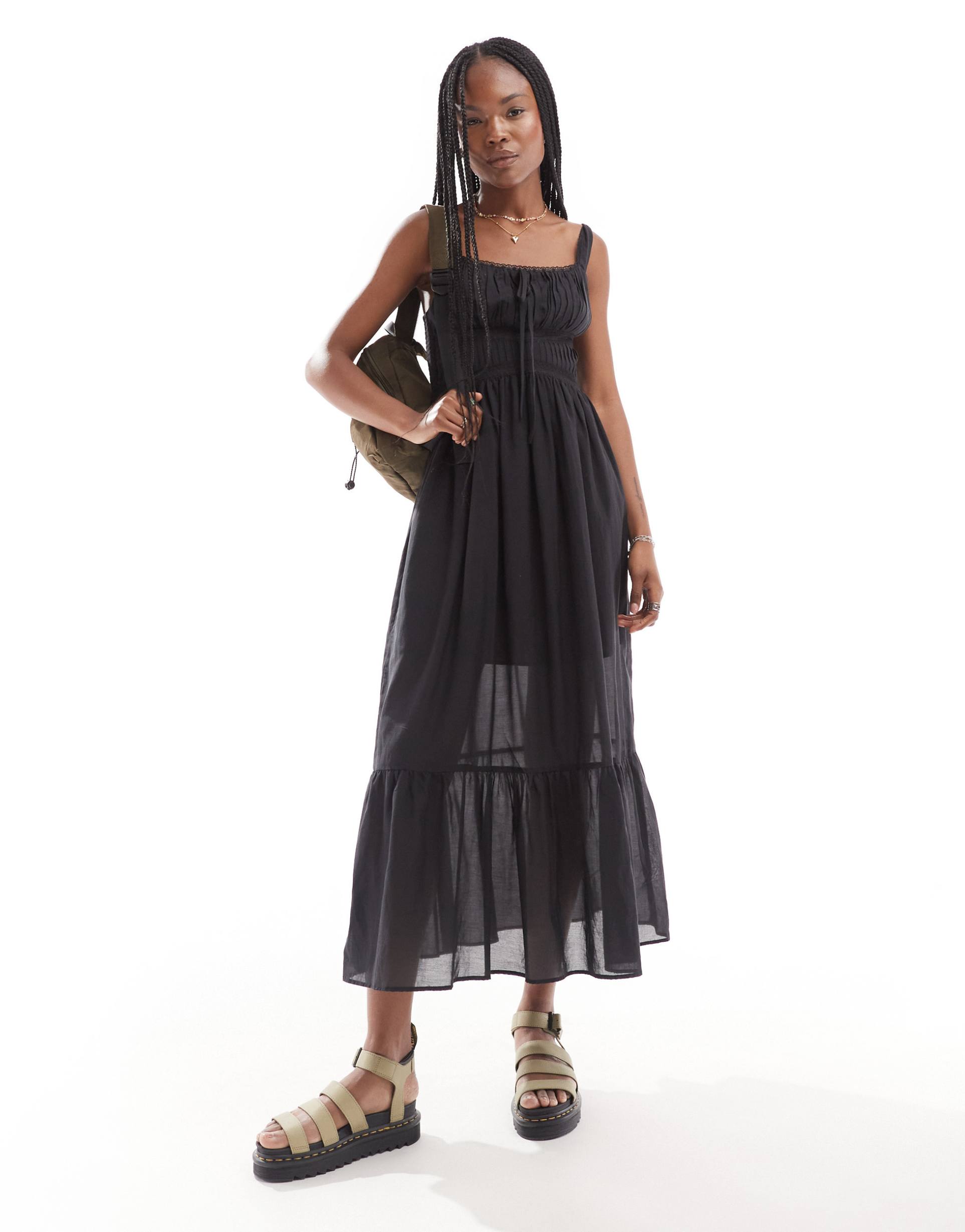 asos design midi prairie sundress with lace trim and ruching detail in black