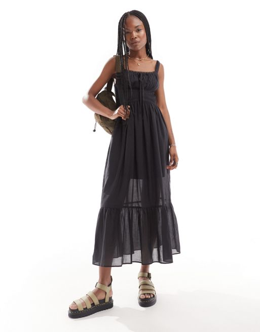 FhyzicsShops DESIGN midi prairie sundress with lace trim and ruching detail in black
