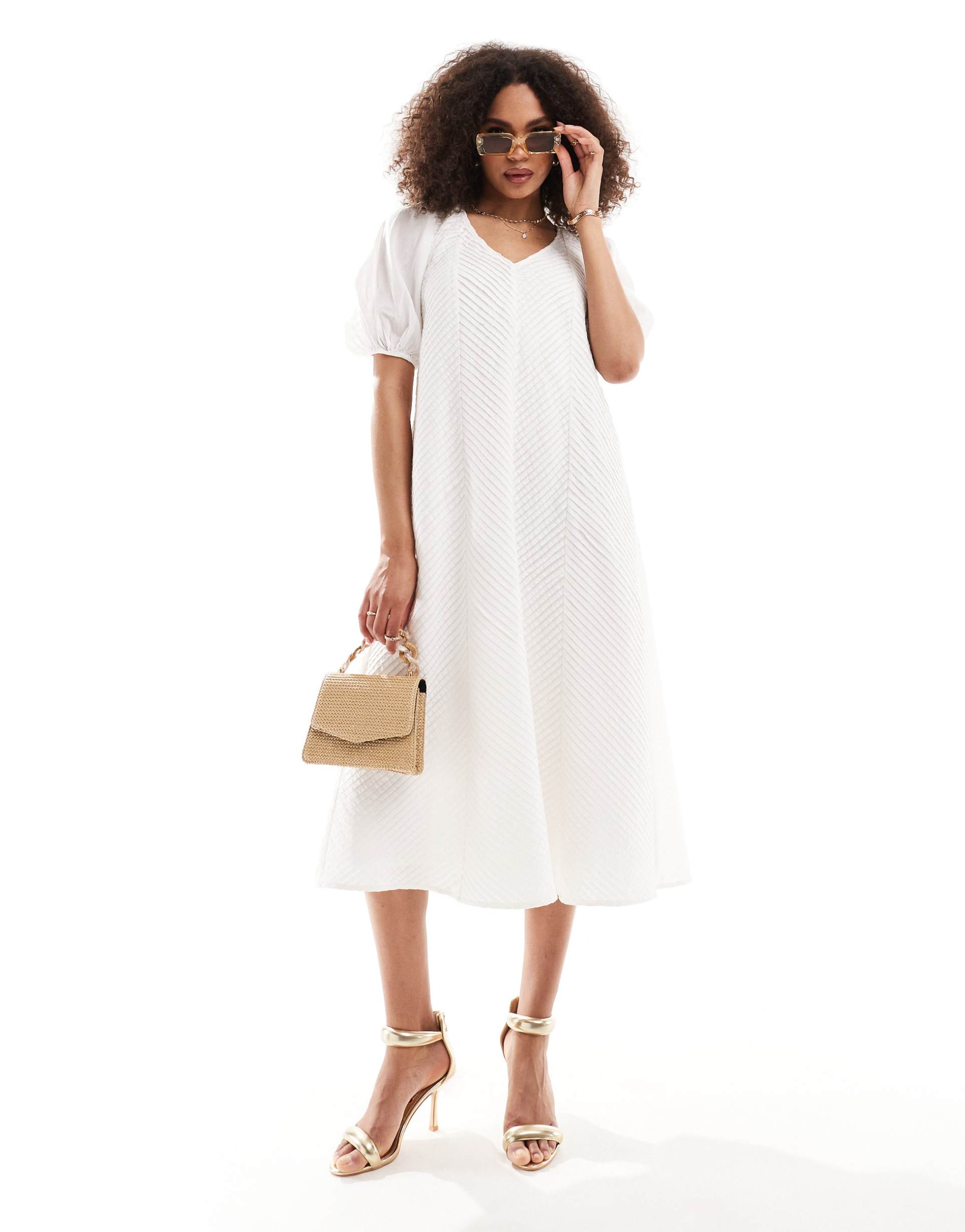 asos design midi puff sleeve dress with all over chevron pleat detail in white