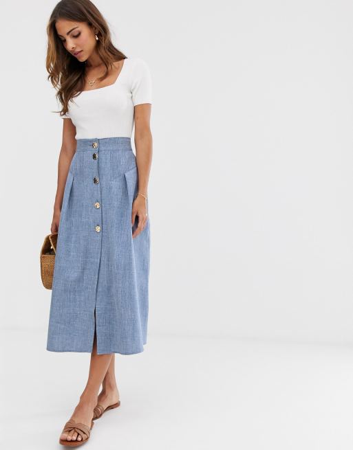 diep Boekhouder Geheugen ASOS DESIGN - Midi-rok met chambray-zoom met gouden knopen | ASOS