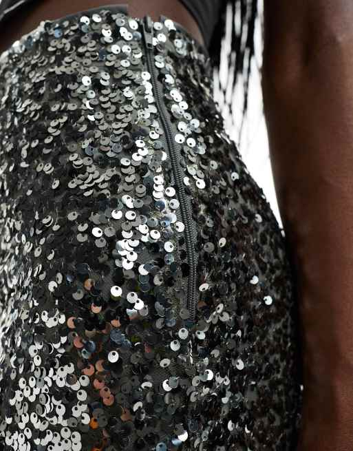 ASOS DESIGN - Midi rok met lovertjes in gunmetal grijs, 2 van 5