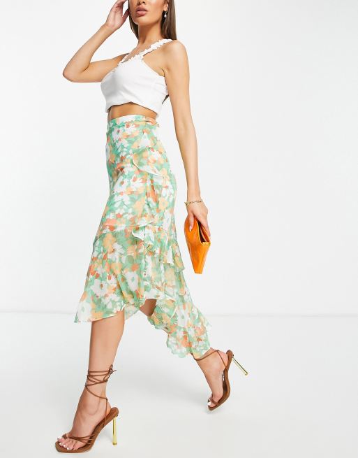 ASOS DESIGN - Midi rok met ruches en abstracte bloemenprint in groen en perzik, 4 van 4