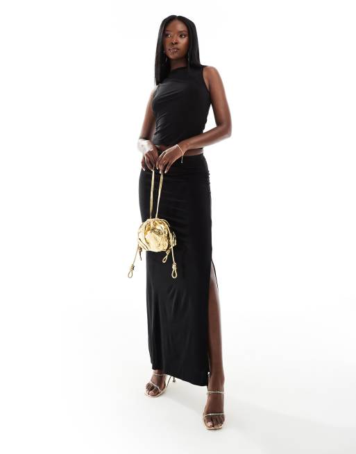 ASOS DESIGN - Midi rok van gladde stof met zijsplitten in zwart, deel van co-ord set