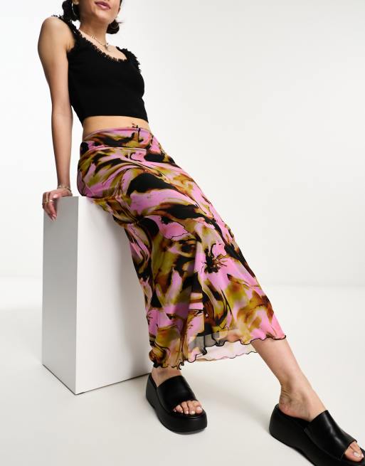 ASOS DESIGN - Midi rok van mesh met roze marmerprint