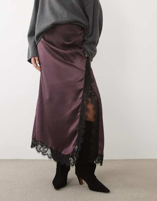 ASOS DESIGN midi rok van satijn met kanten inzet en hoge split in bruin, 2 van 5