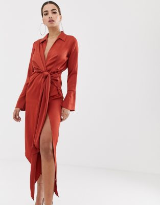 red satin shirt dress