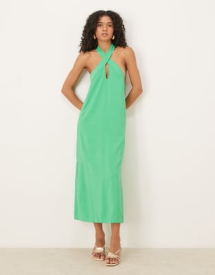 ASOS DESIGN - Midi-Säulenkleid in leuchtendem Grün mit überkreuztem Ausschnitt und Seitenschlitzen