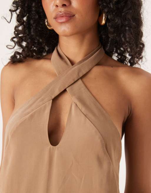 ASOS DESIGN – Midi-Säulenkleid in Steinbeige mit überkreuztem Ausschnitt und Seitenschlitzen, 4 von 4