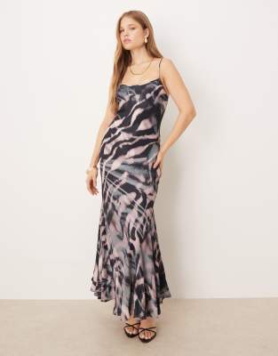 ASOS DESIGN - Midi-Schlupfkleid aus Satin mit schmalen Trägern, gebundener Rückseite und Zebramuster-Bunt
