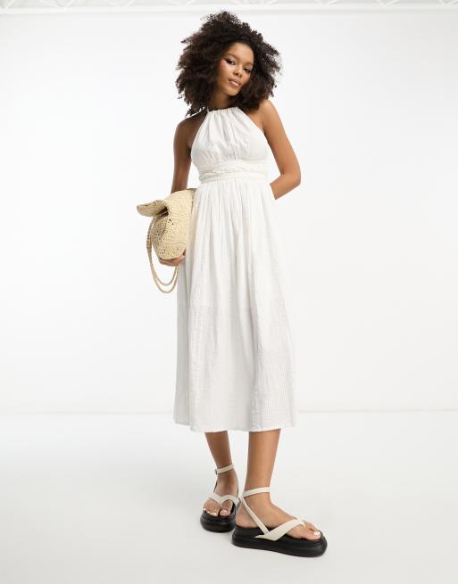 ASOS DESIGN Midi Seersucker Sommerkleid in WeiB mit Neckholder Trager und Riemchen Design am Rucken