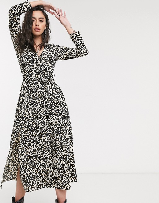 ASOS DESIGN midi shirt dress with buckle belt in leopard print