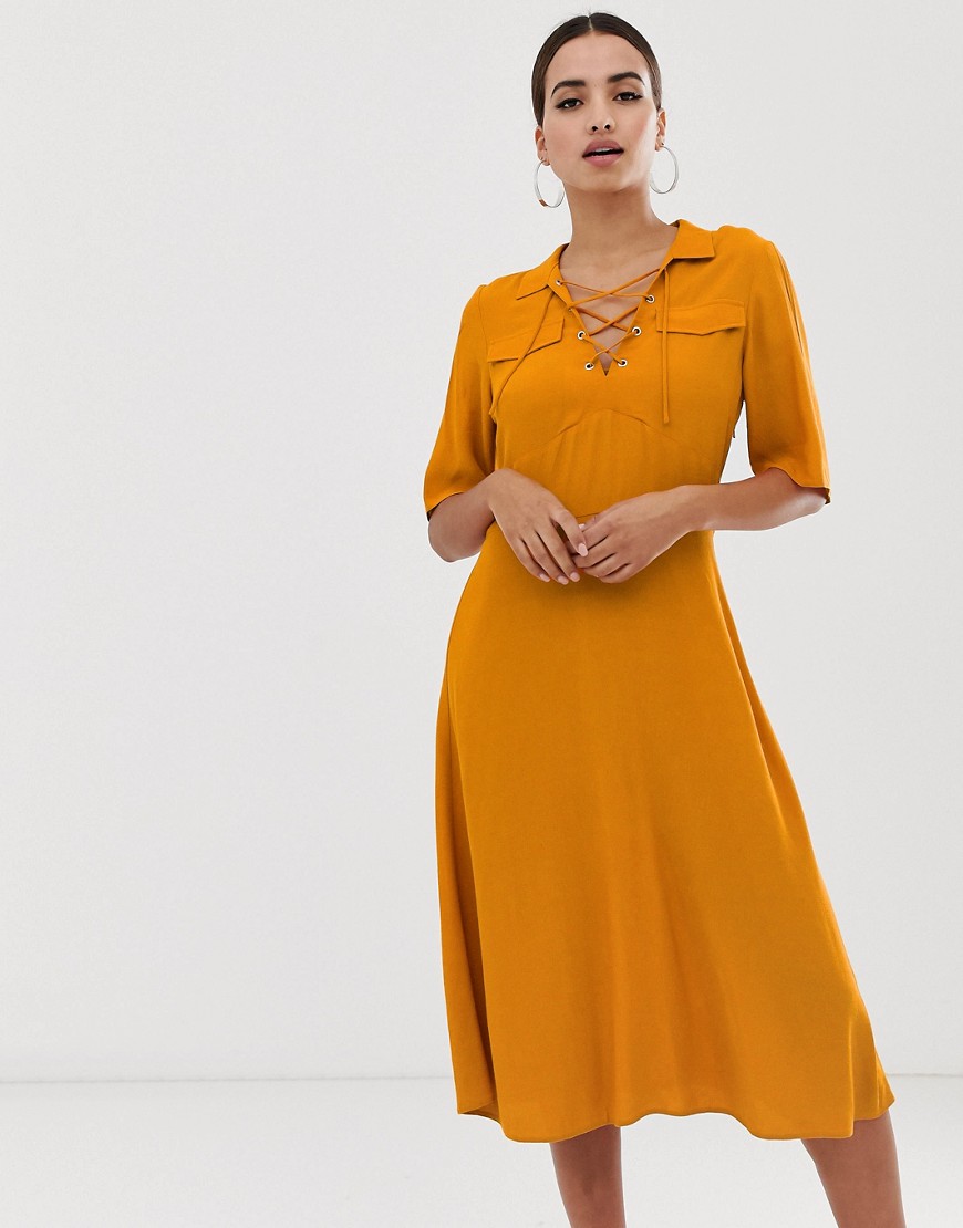 ASOS DESIGN midi shirt dress with lace up front-Yellow