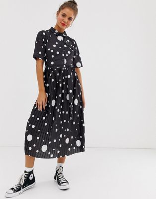 ASOS DESIGN midi shirt dress with pleated skirt and belt in spot print ...