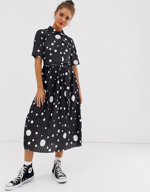 ASOS DESIGN midi shirt dress with pleated skirt and belt in spot print