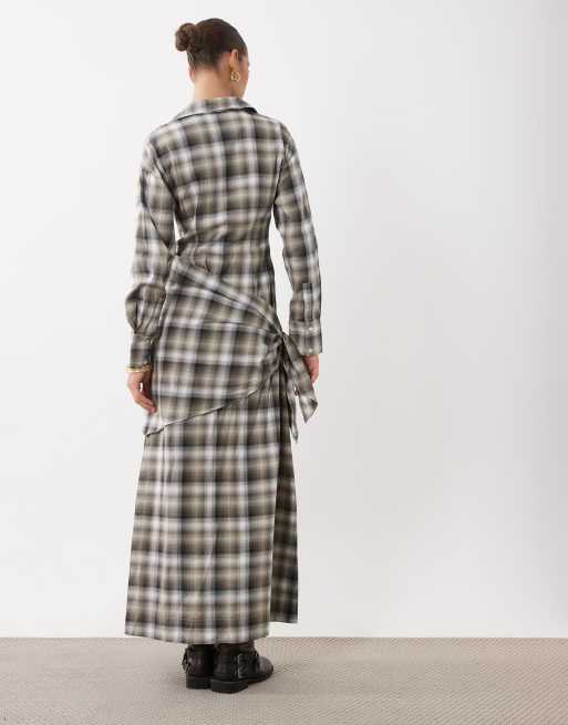 ASOS DESIGN midi shirt with scarf wrap in tan plaid, 4 of 4