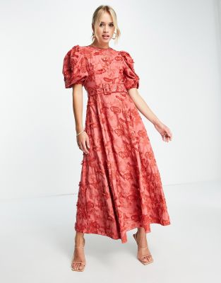 ASOS DESIGN - Midi-Skater-Kleid aus strukturiertem Jacquard in Rostrot mit Gürtel