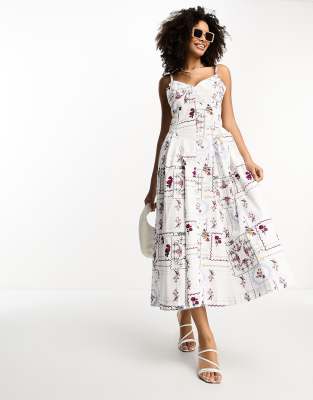 ASOS DESIGN - Midi-Skater-Kleid im Korsagenstil aus Baumwolle mit Patchwork-Print und tief sitzender Taille-Bunt