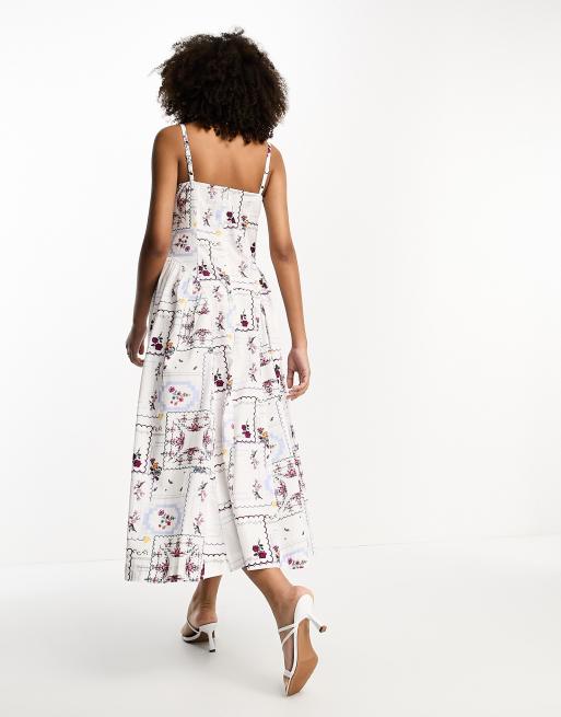 ASOS DESIGN – Midi-Skater-Kleid im Korsagenstil aus Baumwolle mit Patchwork-Print und tief sitzender Taille, 2 von 4