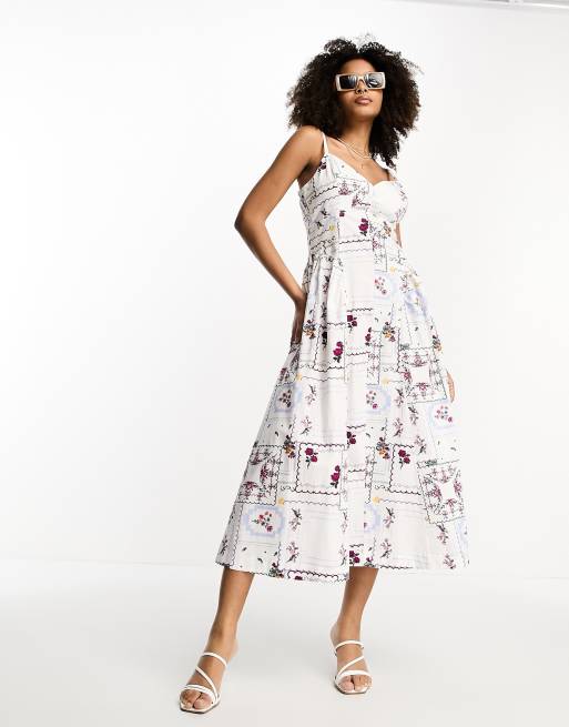 ASOS DESIGN – Midi-Skater-Kleid im Korsagenstil aus Baumwolle mit Patchwork-Print und tief sitzender Taille, 3 von 4