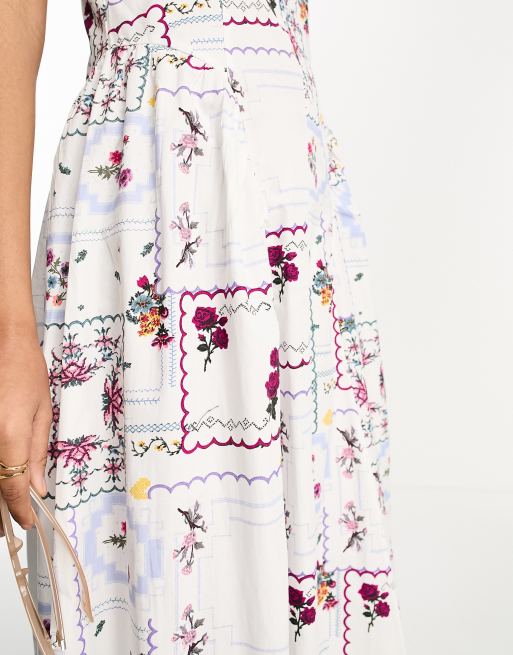 ASOS DESIGN – Midi-Skater-Kleid im Korsagenstil aus Baumwolle mit Patchwork-Print und tief sitzender Taille, 4 von 4