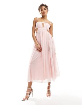 ASOS DESIGN - Midi-Skater-Kleid in Babyrosa mit Korsagen-Oberteil, Trägern und Cut-out